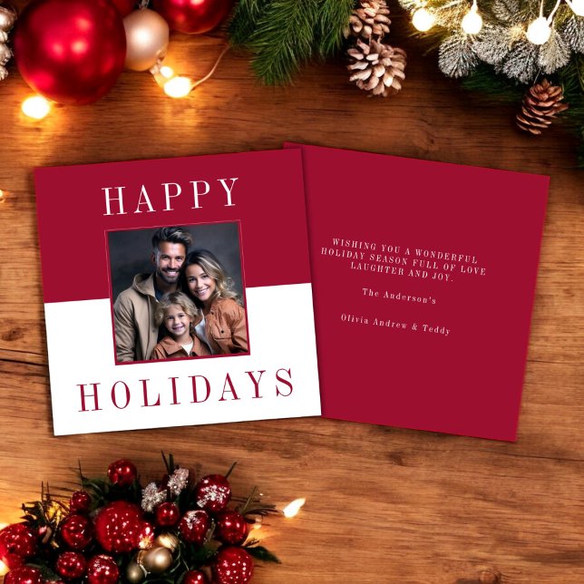 Convite Foto de fotografia feliz mínima moderna (modern red and white festive christmas card , fully editable and instant download available)