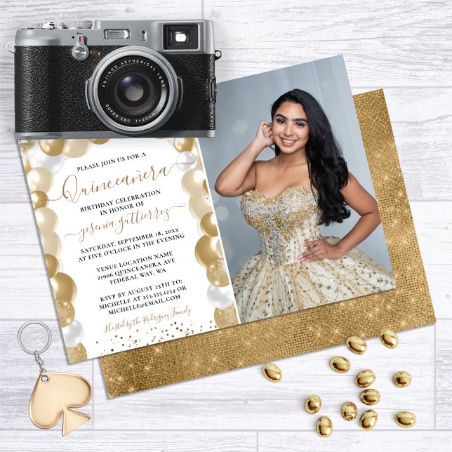 Convite Foto de Frente Branca Dourada Quinceañera Balão (Gold Glitter Balloon Quinceanera Invitation)