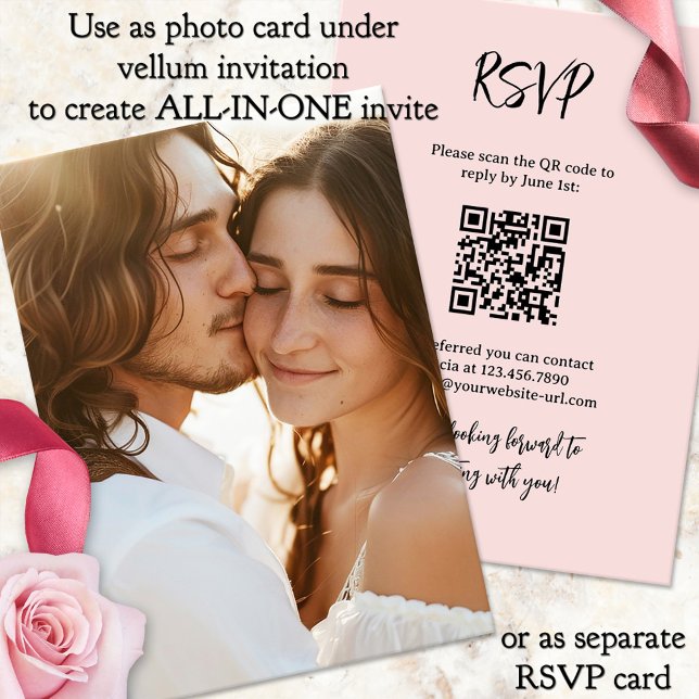 Convite Foto de fundo de Vellum All in One Wedding (Photo background with RSVP and QR code for vellum wedding invitation - all-in-one wedding invitation)