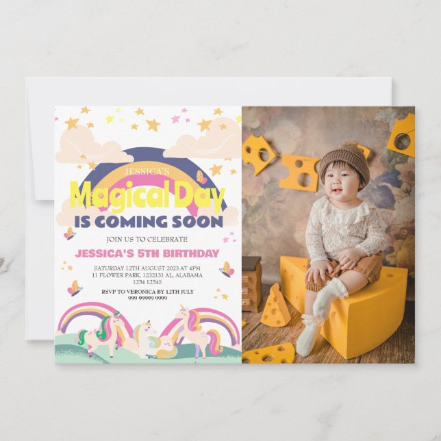 Convite Foto de Garota Simples e Cuta Menina Unicórnio Pri (Frente)
