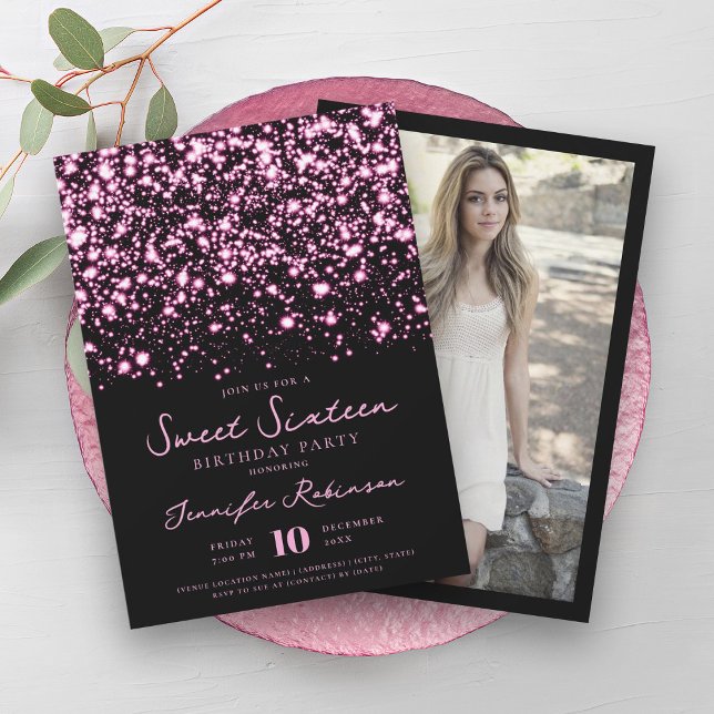 Convite Foto de Gelado Rosa Quente, 16 (Hot Pink Midnight Glam Photo Sweet 16 Invitation)