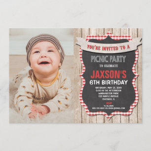 Convite Foto de gingham branca vermelha de aniversário da 