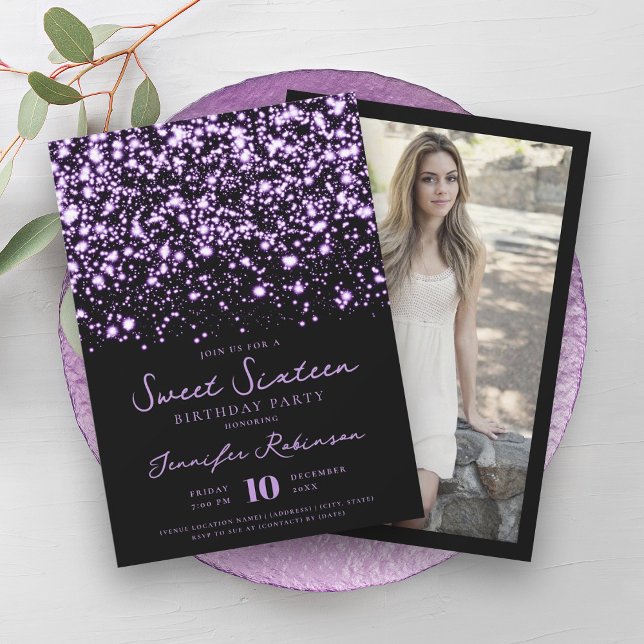 Convite Foto de Glam Purple Midnight Elegante Sweet 16 (Elegant Purple Midnight Glam Photo Sweet 16 Invitation)