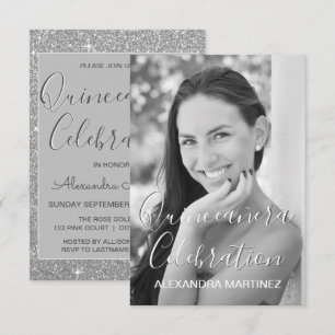 Convite Foto de Glitter Silver - Celebração de Quinceane