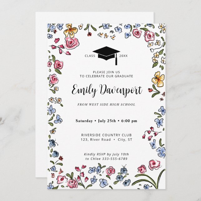 Convite Foto de gradação de flores desenhadas à mão no ver (Frente/Verso)