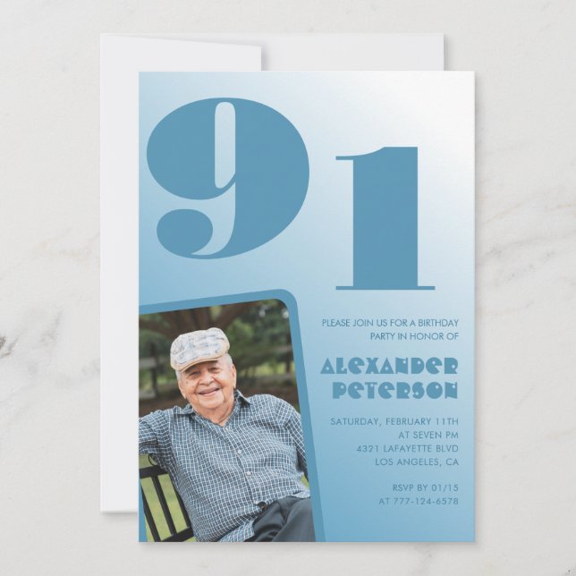 Convite Foto de Gradiente Azul Retro para Homens de 91 ano (Frente)