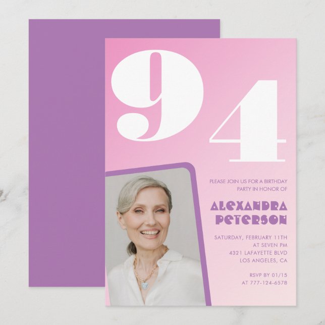 Convite Foto de gradiente roxo rosa de 94º aniversário (Frente/Verso)