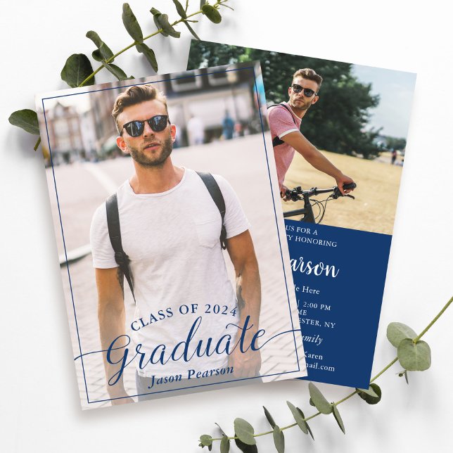 Convite Foto de Graduação Azul do Marinho de Script Modern (Criador carregado)