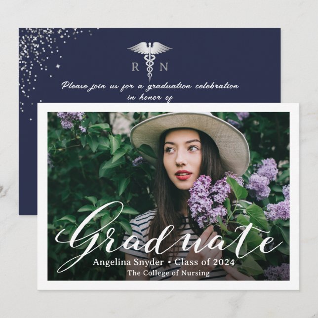 Convite Foto de Graduação da Escola de Enfermagem Azul de  (Frente/Verso)
