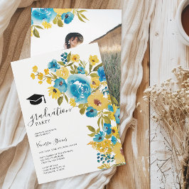 Convite Foto de Graduação de Flores Selvagem Amarelo Azul
