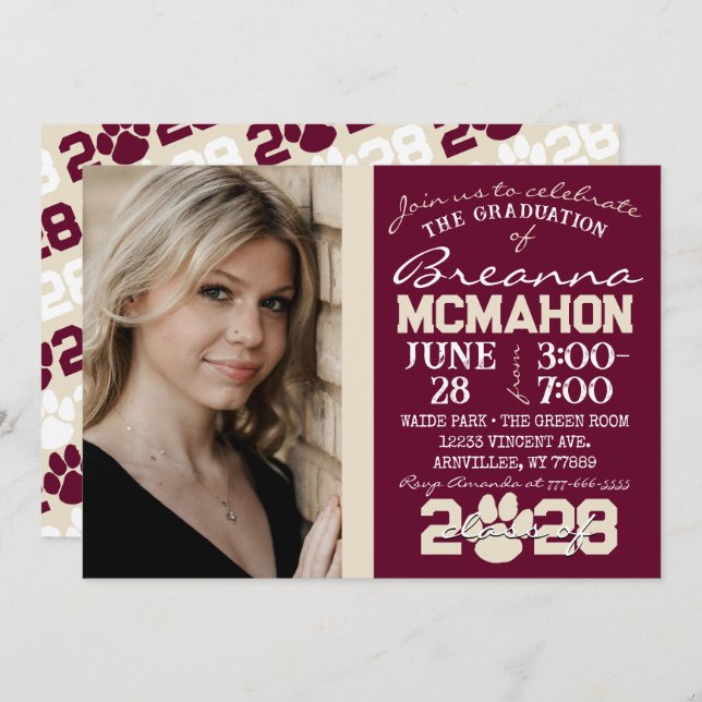 Convite Foto de Graduação de Impressão de Folha de Burgund (Frente/Verso)