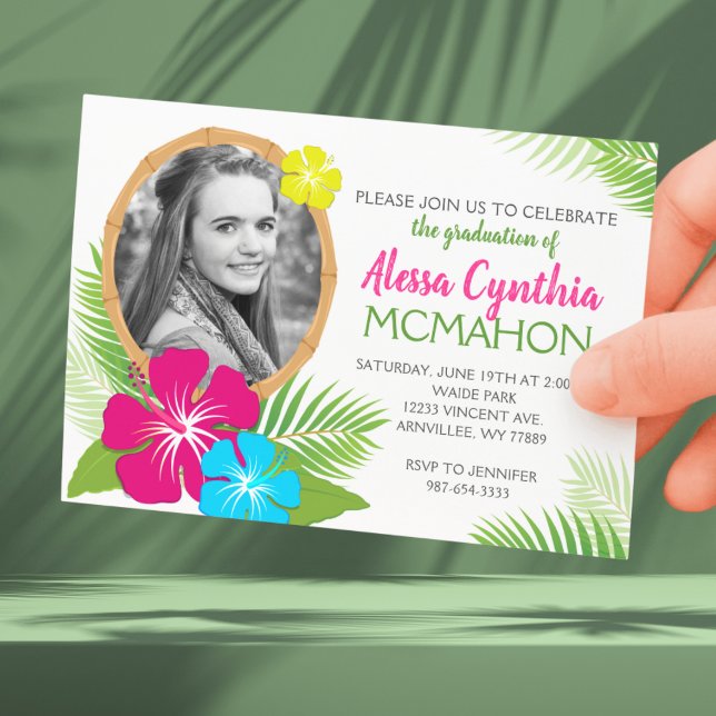 Convite Foto de Graduação de Luau Havaiano Elegante (Tropical Luau 1 Photo Graduation Invitations. Class Year on Back)