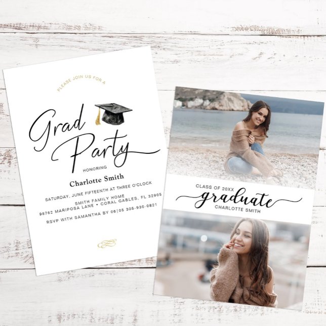 Convite Foto de Graduação de Script Branco e Preto Minimal (Graduation Party Invite)