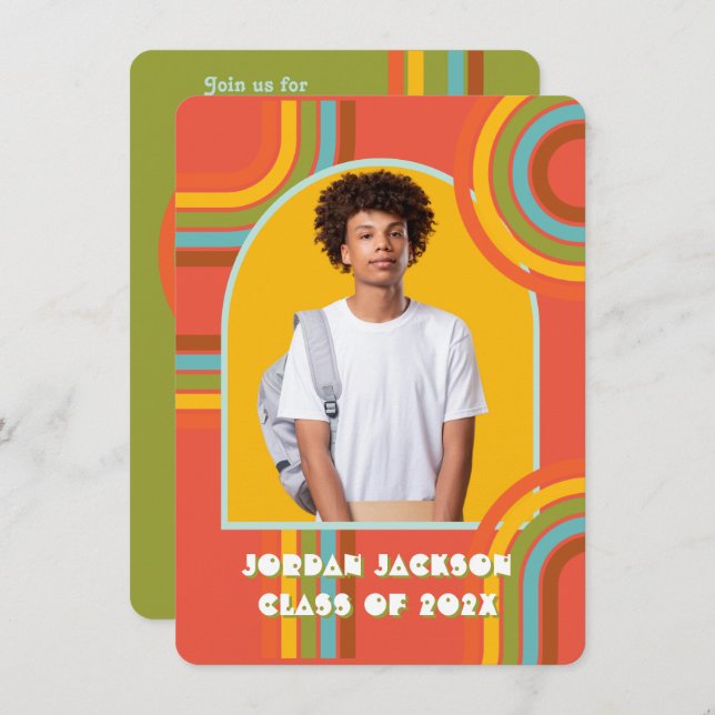 Convite Foto de graduação do Hippie 70's 60 (Frente/Verso)