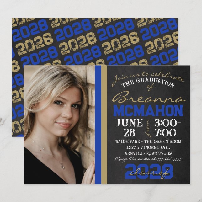 Convite Foto de Graduação Dourada em Quadro Chalkboard de  (Frente/Verso)