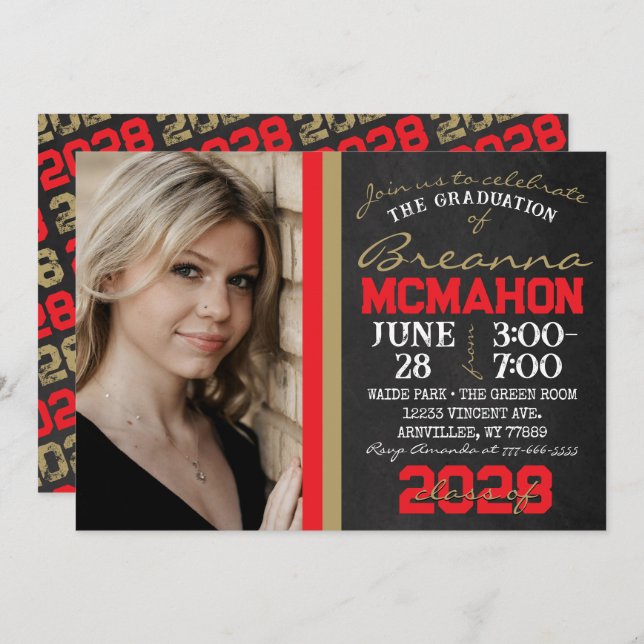 Convite Foto de Graduação Dourada em Quadro Chalkboard em  (Frente/Verso)