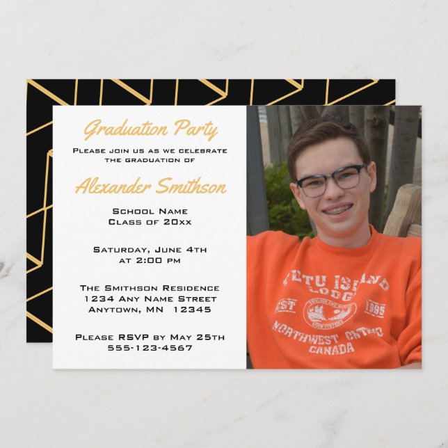 Convite Foto de Graduação Dourada Simples e Preta (Frente/Verso)
