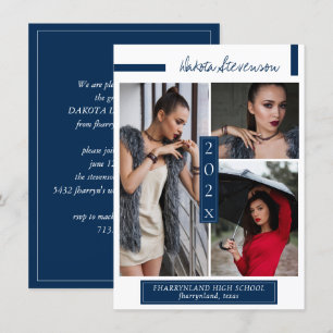 Convite Foto de graduação mínima de azul e branco do Marin