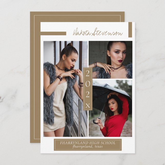 Convite Foto de graduação mínima Dourada e branca (Frente/Verso)