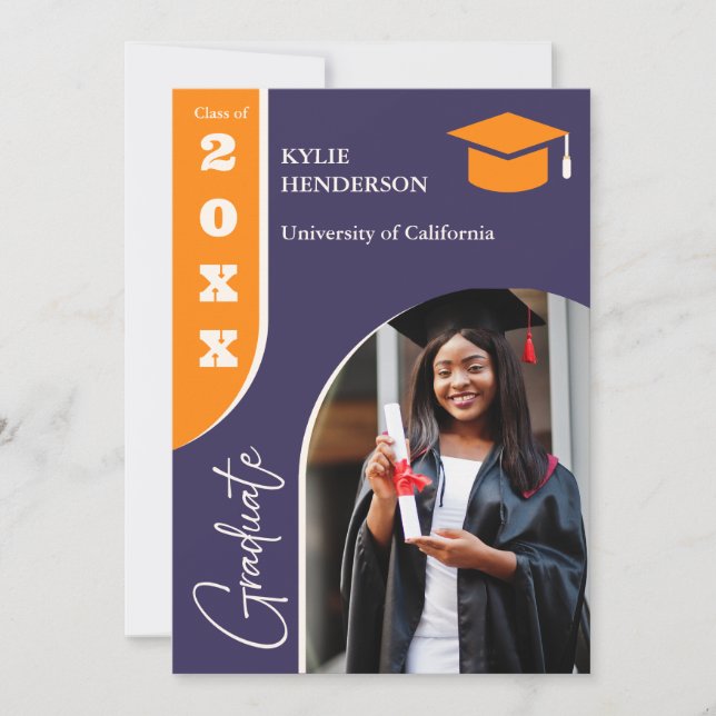 Convite Foto de Graduação Moderna Púrpura Laranja (Frente)