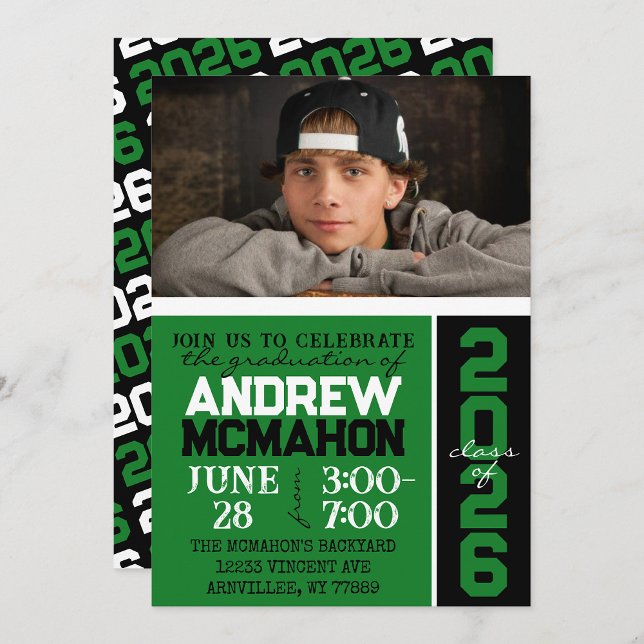 Convite Foto de Graduação Moderna Verde e Preto (Criador carregado)