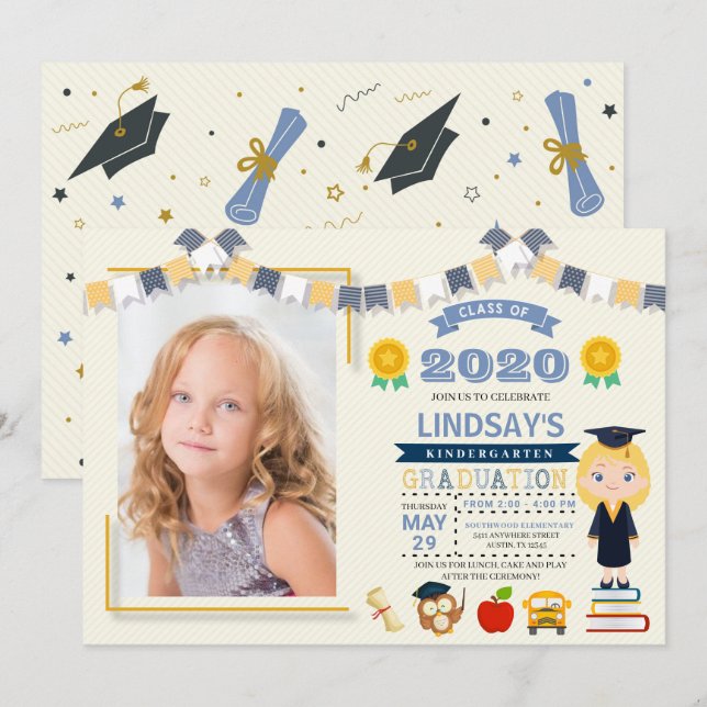 Convite Foto de Graduação na Escola para Crianças (Frente/Verso)