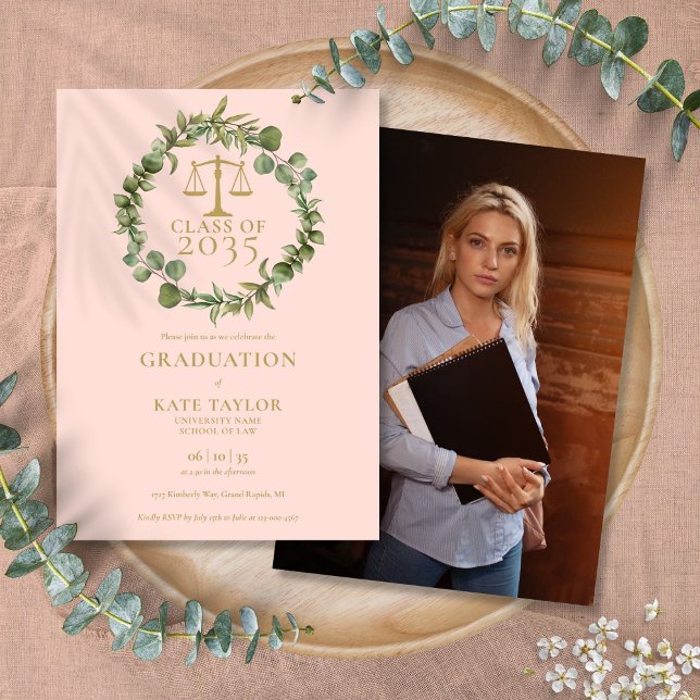 Convite Foto de Graduação na Faculdade de Direito com Guir (Blush Pink Garland Law School Graduation Photo Invitation)