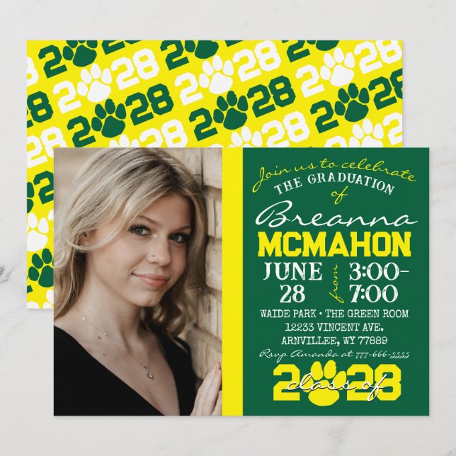 Convite Foto de Graduação Pawprint Verde e Amarelo (Frente/Verso)