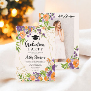 Convite Foto de Graduação por Aquarela Floral Boho Purple