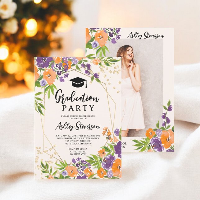Convite Foto de Graduação por Aquarela Floral Boho Purple (Boho Purple Floral Watercolor Graduation Photo Invitation)