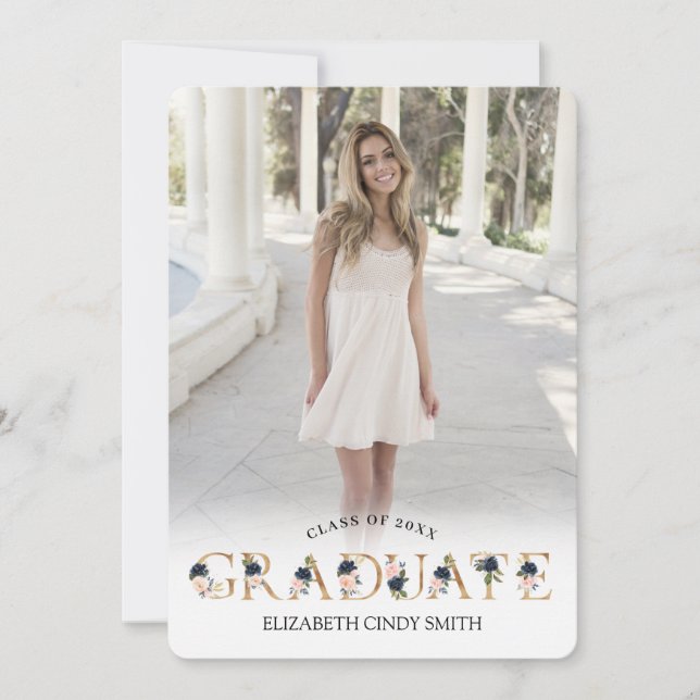 Convite Foto de Graduação por Letra Floral Blush do Marinh (Frente)