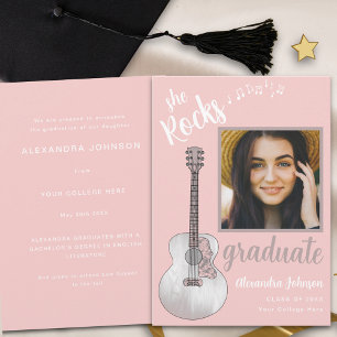 Convite Foto de Graduada com Guitarra Country Rosa em Rote