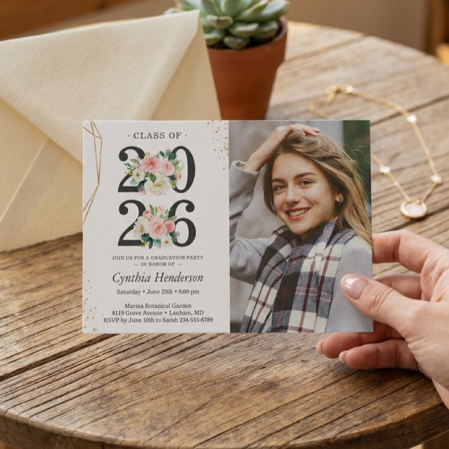 Convite Foto de Graduada Menina Rosa Floral Formatura (Criador carregado)