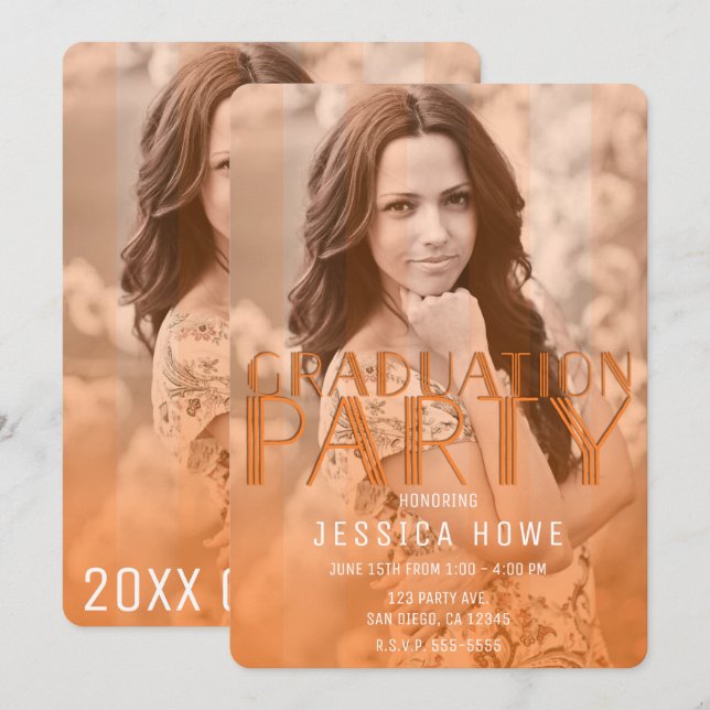 Convite Foto de Graduado em Festa de Graduação Laranja Mod (Frente/Verso)