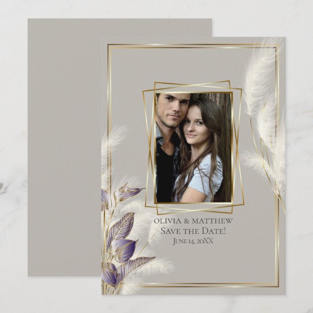 Convite Foto de Grama Chic Pampas Salvar a Data (Frente/Verso)