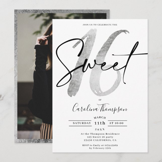Convite Foto de guião de prata na Girly Sweet 16 (Frente/Verso)