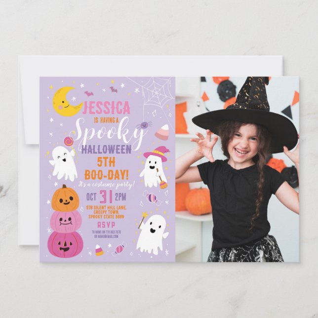 Convite Foto de Halloween Roxo Birthday Pumpkins Ghost (Frente)