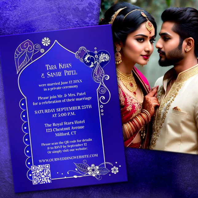 Convite Foto de Henna de Silver Azul Indigo Após Casamento (Criador carregado)