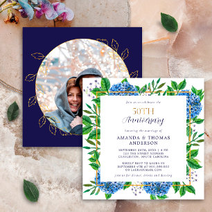 Convite Foto de Hortênsia Azul Dourada Aniversário de 50 A