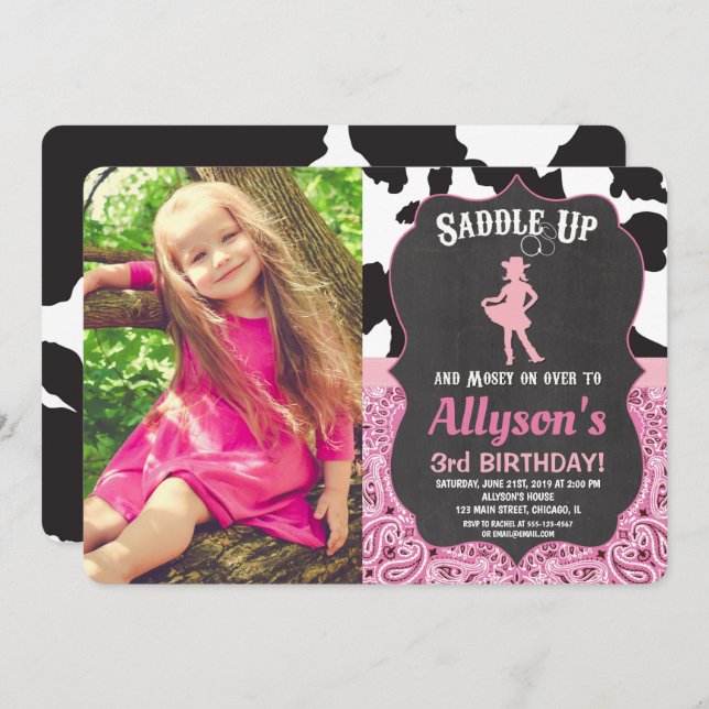 Convite Foto de impressão de vaca de aniversário de Cowgir (Frente/Verso)