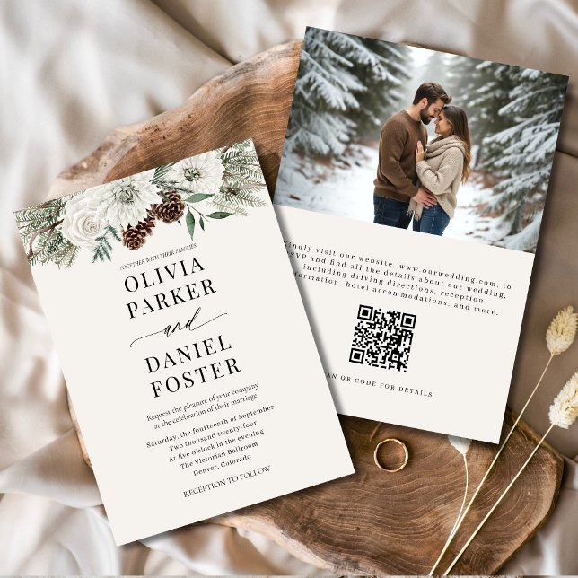 Convite Foto de inverno Código QR Elegante Casamento Everg (Criador carregado)