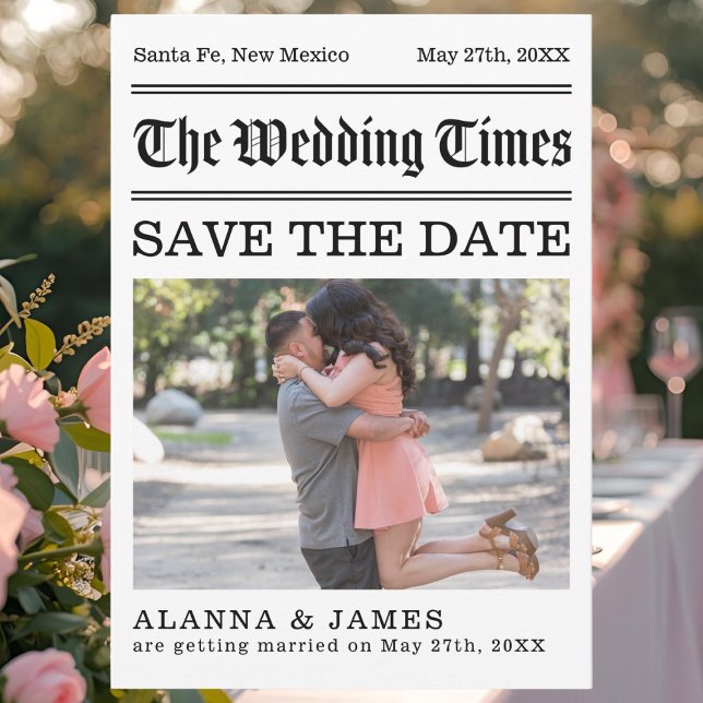 Convite Foto de Jornal Antigo Salva a Data (Creative newspaper-style “Save the Date” card titled The Wedding Times.)