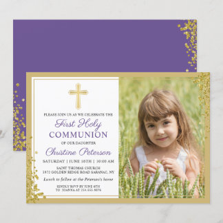 Convite Foto de lavanda Roxo Dourado Primeira Comunhão