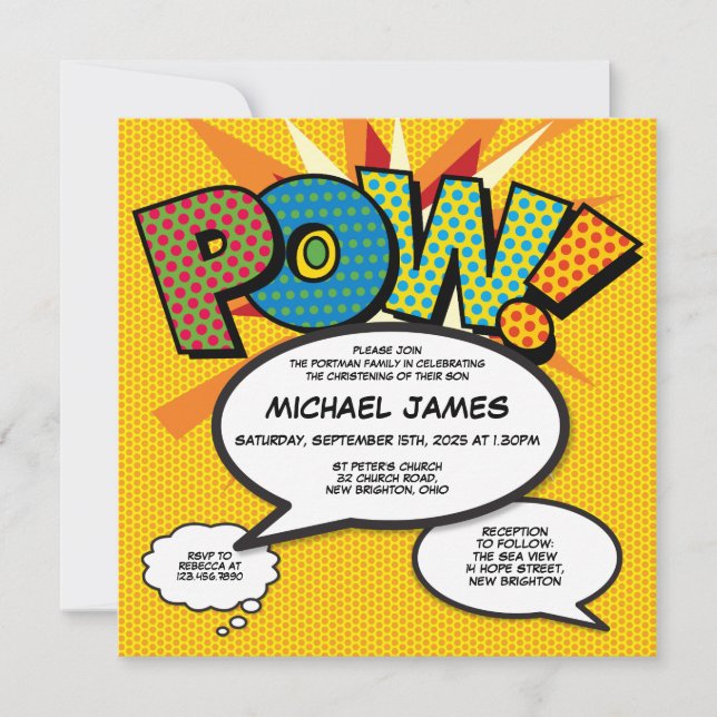 Convite Foto de Livro de Quadrinhos Divertida de Batismo M (Frente)