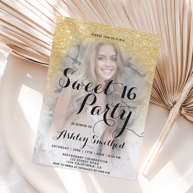 Convite Foto de mácula mbre de ouro moderno Doce 16 (Criador carregado)