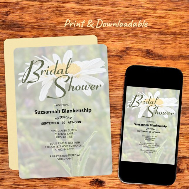 Convite Foto de Margarida Shasta Branca para Chá de Noiva (shower invitation print and downloadable)
