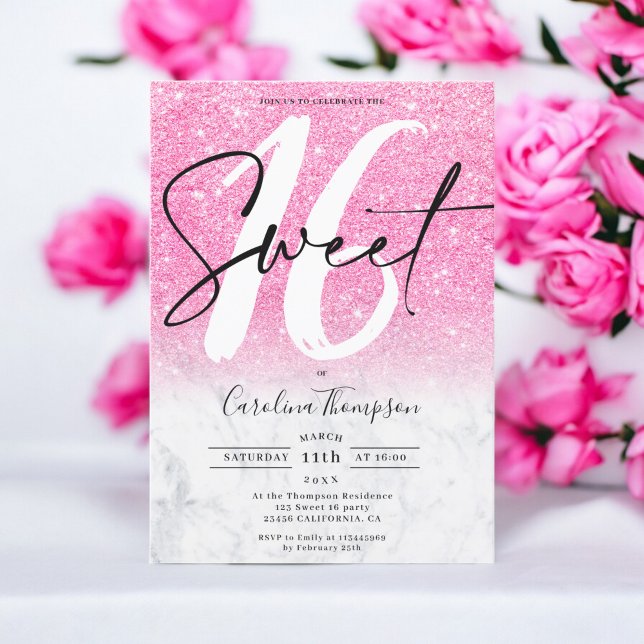 Convite Foto de mármore na borda rosa-menina Doce 16 (Girly pink glitter border marble photo Sweet 16 Invitation)
