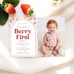 Convite Foto de Menina Bebê Morango Berry Primeiro Anivers