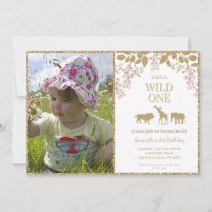 Convite Foto de Menina de 1º Aniversário Pink e Gold Wild 