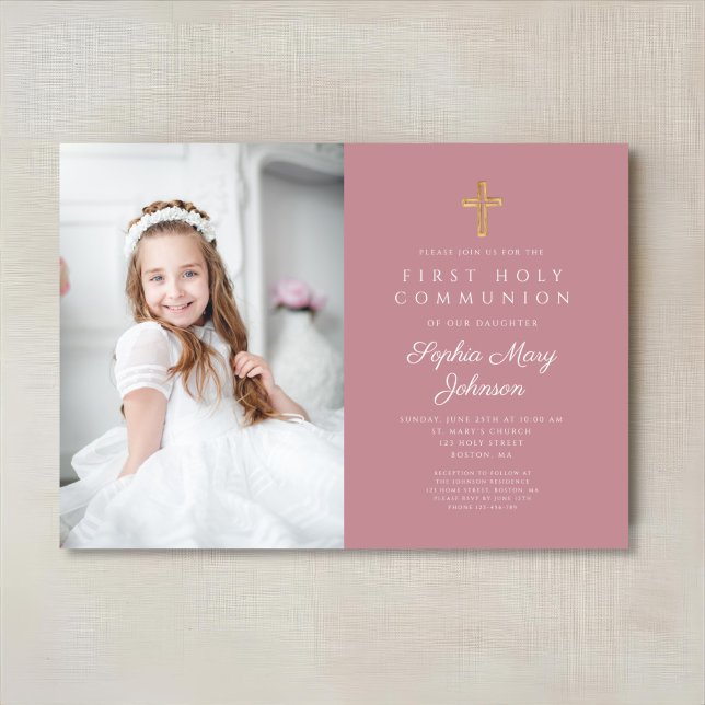 Convite Foto de Menina Religiosa Rosa Elegante Primeira Co (Pink Religious Cross Girl First Communion Photo Invitation)